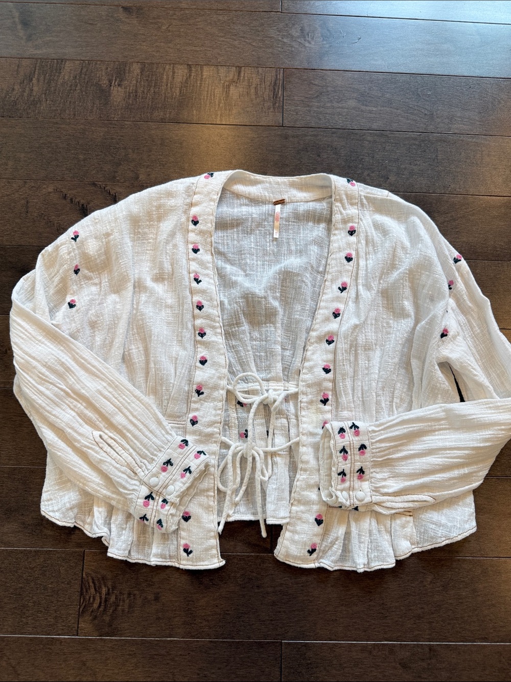 Free People White Tie-Front Embroidered Boho Tunic